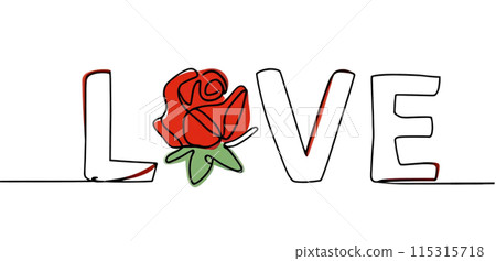 Continuous one line drawing of text "Love" with rose flower and a red heart on transparent background. 115315718