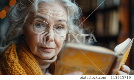 Caucasian elderly senior woman retired is reading a book in library for elderly society Caucasian elderly senior woman retired is reading a book in library for elderly society 115315719