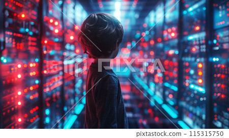 Caucasian Cute little boy kid is learning about science machine and cyber space in learning futuristic technology center. Education concept 115315750
