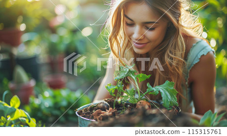 Caucasian young woman harvests vegetables in a organic greenhouse and garden Caucasian young woman harvests vegetables in a organic greenhouse and garden 115315761