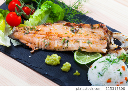 Fish dish - delicious fried trout fillet 115315808
