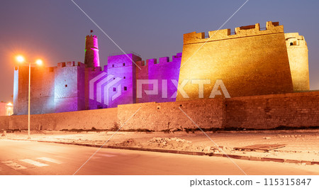 Evening view of exterior of Ribat of Monastir in Tunisia 115315847