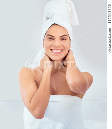 Portrait, woman and towels in bathroom for shower, skincare and refreshed from bath at home. Spa treatment, luxury and female person with smile for wellness, cleaning or soft skin on white background Portrait, woman and towels in bathroom for shower, skincare and refreshed from bath at home. Spa treatment, luxury and female person with smile for wellness, cleaning or soft skin on white background 115315896