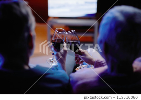 Back view of unrecognizable adult couple watching movie together and clinking wine glasses during date night copy space 115316060