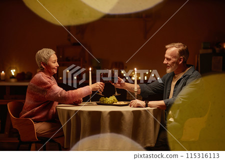 Side view portrait of senior couple enjoying romantic dinner at home and clinking wine glasses at candlelit table copy space 115316113