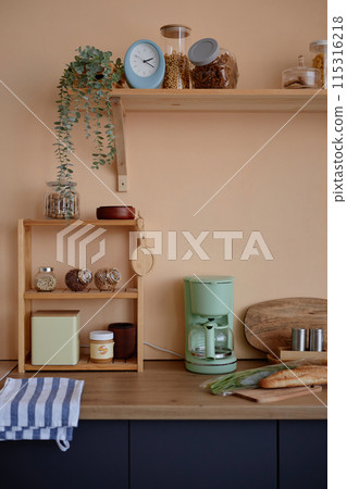 Vertical background image of minimal kitchen counter set with wooden shelves and cozy clutter copy space Vertical background image of minimal kitchen counter set with wooden shelves and cozy clutter copy space 115316218