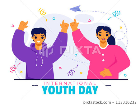 Happy International Youth Day Vector Illustration featuring Young Boys and Girls Together in a Flat Style Cartoon Background Happy International Youth Day Vector Illustration featuring Young Boys and Girls Together in a Flat Style Cartoon Background 115316232