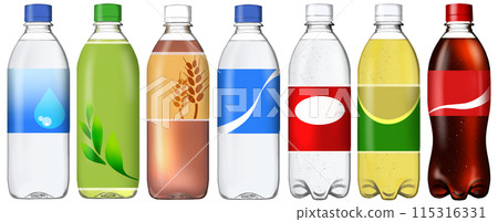 塑膠瓶中的 7 種飲料：水、碳酸、茶、可樂、水合 115316331