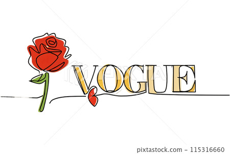 Continuous one line drawing of text "Vogue" with rose flower and a red heart. White/transparent background 115316660