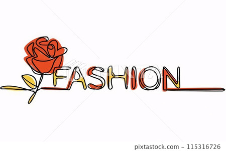 Continuous one line drawing of text "Fashion" with rose flower and a red heart. 115316726