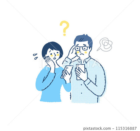 A couple looking at a smartphone with a troubled look 115316887