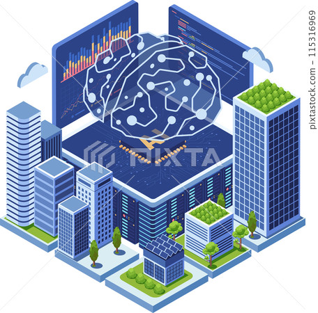 Isometric Smart City Powered by AI Brain Neural Network Isometric Smart City Powered by AI Brain Neural Network 115316969