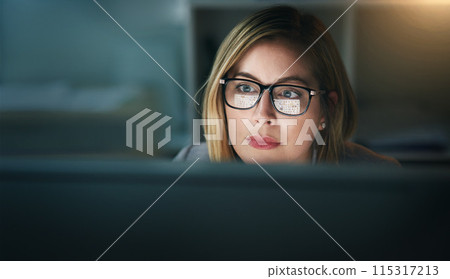 Computer, thinking and glasses of woman at night for reading email, planning and working in office. Professional, career and female receptionist for administration, research deadline or information 115317213
