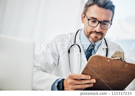 Clipboard, information and doctor in office with healthcare, admin and checking results at desk. Reading, paperwork or medical professional man with schedule, chart or application in health insurance 115317235