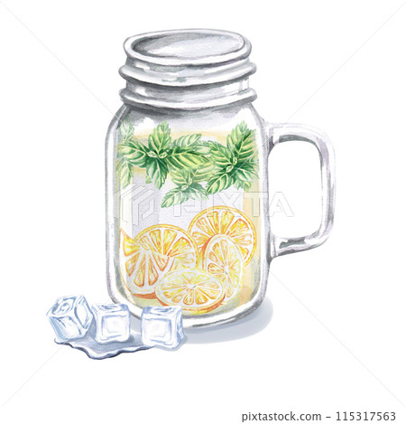 Transparent glass with lemonade, mint, ice and ice cubes on the front in a watercolor illustration on a white background. Hand drawn mug for cookbooks, lemonade, restaurant menu design, bar, cards. 115317563
