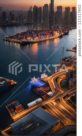 Rendering of a container ship entering a port amidst tall skyscrapers and urban hustle and bustle Rendering of a container ship entering a port amidst tall skyscrapers and urban hustle and bustle 115317602