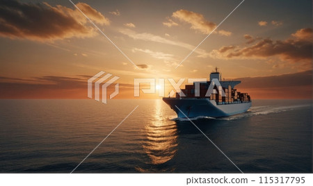 Container ship at sunset on the open sea. 115317795