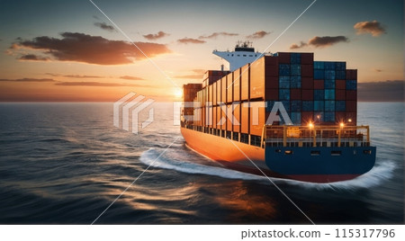 Container ship at sunset on the open sea. 115317796