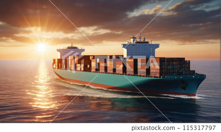 Container ship at sunset on the open sea. 115317797