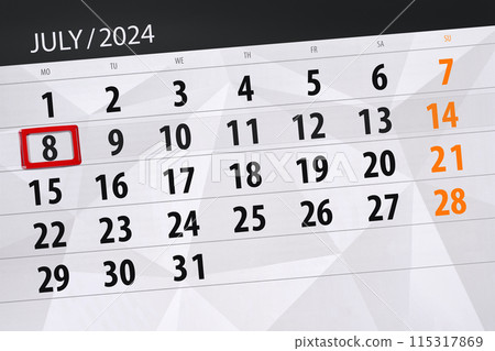 Calendar 2024, deadline, day, month, page, organizer, date, July, monday, number 8 Calendar 2024, deadline, day, month, page, organizer, date, July, monday, number 8 115317869