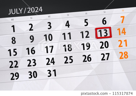 Calendar 2024, deadline, day, month, page, organizer, date, July, saturday, number 13 115317874
