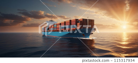 Container ship at sunset on the open sea. Container ship at sunset on the open sea. 115317934