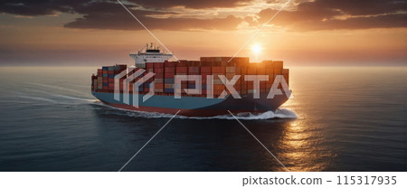 Container ship at sunset on the open sea. Container ship at sunset on the open sea. 115317935