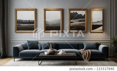 An empty picture frame hangs on the wall. Mock up. 115317940