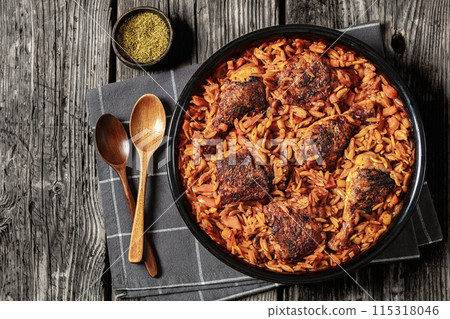 baked greek chicken orzo stew in tomato sauce baked greek chicken orzo stew in tomato sauce 115318046