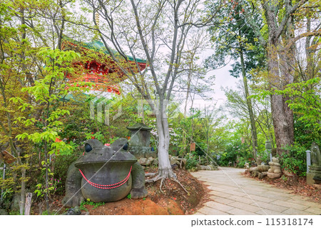 Frog stone statue in front of red pagoda at Nyoirinji Temple, Ogori 115318174