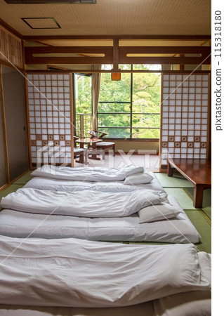 Traditional Japanese tatami bedroom and bacony with garden view Traditional Japanese tatami bedroom and bacony with garden view 115318180