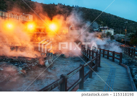 Mount Unzen Hell valley Jigoku with sulfur gas at night, Nagasaki Mount Unzen Hell valley Jigoku with sulfur gas at night, Nagasaki 115318198