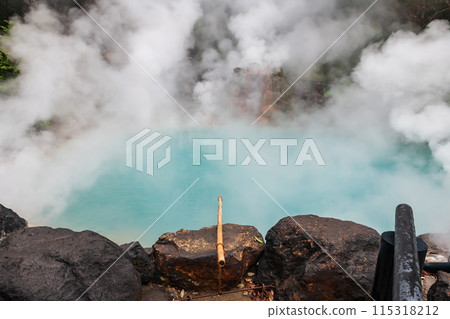 Umi Sea Hell or blue pond and fishing stick,Kamado Jigoku,Beppu Umi Sea Hell or blue pond and fishing stick,Kamado Jigoku,Beppu 115318212