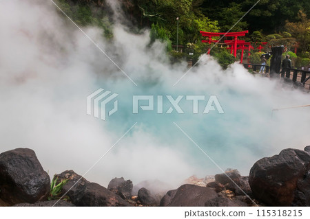 Kamado Umi Jigoku Sea Hell or cobalt blue pond with torii gate, Beppu Kamado Umi Jigoku Sea Hell or cobalt blue pond with torii gate, Beppu 115318215