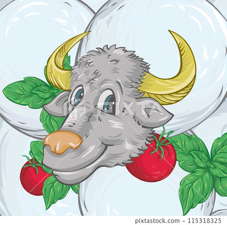 Cute cartoon brown buffalo on italian cheese background. vector illustration Cute cartoon brown buffalo on italian cheese background. vector illustration 115318325