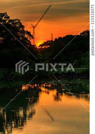 奈良公園鷺池浮禦堂的夕陽西下，將西邊的天空染成金黃色。 115318375