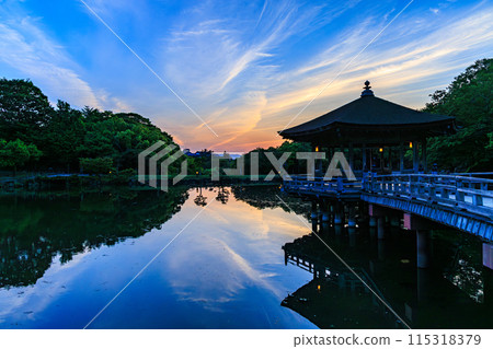 奈良公園浮禦堂、鷺池的夜景 以落日的天空為背景，從生駒山和浮禦堂放射出的薄雲在水面投下陰影①。 115318379