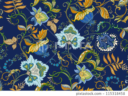 Fantasy flowers in retro, vintage, jacobean embroidery style Fantasy flowers in retro, vintage, jacobean embroidery style 115318458