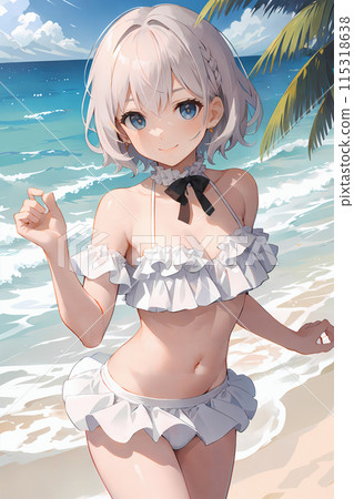 アニメスタイル 女性人物画 水着 Illustration of a girl in a swimsuit on the - Stock