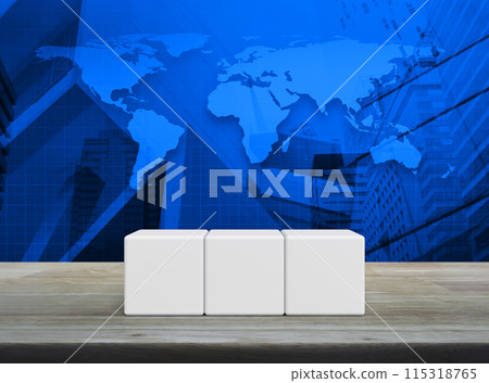 Three white block cubes on wooden table, Elements of this image furnished by NASA Three white block cubes on wooden table, Elements of this image furnished by NASA 115318765
