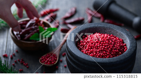 Pink pepper and red chili pepper 115318815