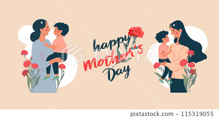 Mother's day design, Mom hugging child and floral 115319055