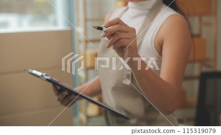 Portrait of young business asian woman online working in office desk use computer copyspace. Success business people employee, freelance SME online marketing work at home, coworking space concept Portrait of young business asian woman online working in office desk use computer copyspace. Success business people employee, freelance SME online marketing work at home, coworking space concept 115319079