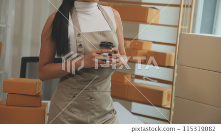 Portrait of young business asian woman online working in office desk use computer copyspace. Success business people employee, freelance SME online marketing work at home, coworking space concept 115319082