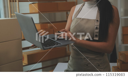 Portrait of young business asian woman online working in office desk use computer copyspace. Success business people employee, freelance SME online marketing work at home, coworking space concept Portrait of young business asian woman online working in office desk use computer copyspace. Success business people employee, freelance SME online marketing work at home, coworking space concept 115319083