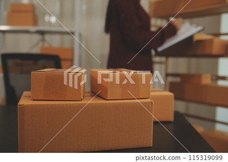 Portrait of young business asian woman online working in office desk use computer copyspace. Success business people employee, freelance SME online marketing work at home, coworking space concept 115319099
