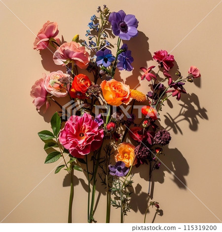 Collection meadow wildflowers and garden flowers and herbs grass, beige background 115319200