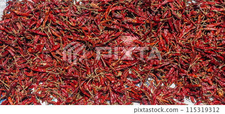 Close up dried chilli background. Red hot chili wallpaper 115319312