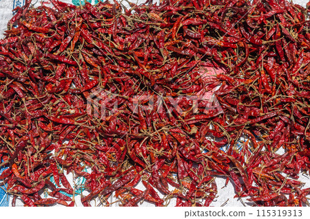 Close up dried chilli background. Red hot chili wallpaper 115319313