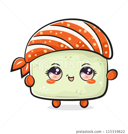 Cute funny Sushi waving hand. Vector hand drawn cartoon kawaii character illustration icon. Isolated on white background. Sushi character concept Cute funny Sushi waving hand. Vector hand drawn cartoon kawaii character illustration icon. Isolated on white background. Sushi character concept 115319622